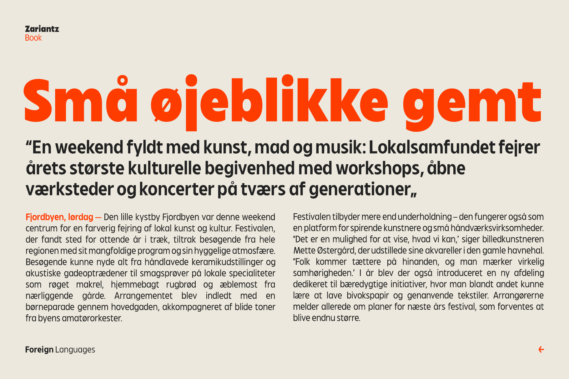 Zariantz Book displayed in Danish text layout with typographic detail