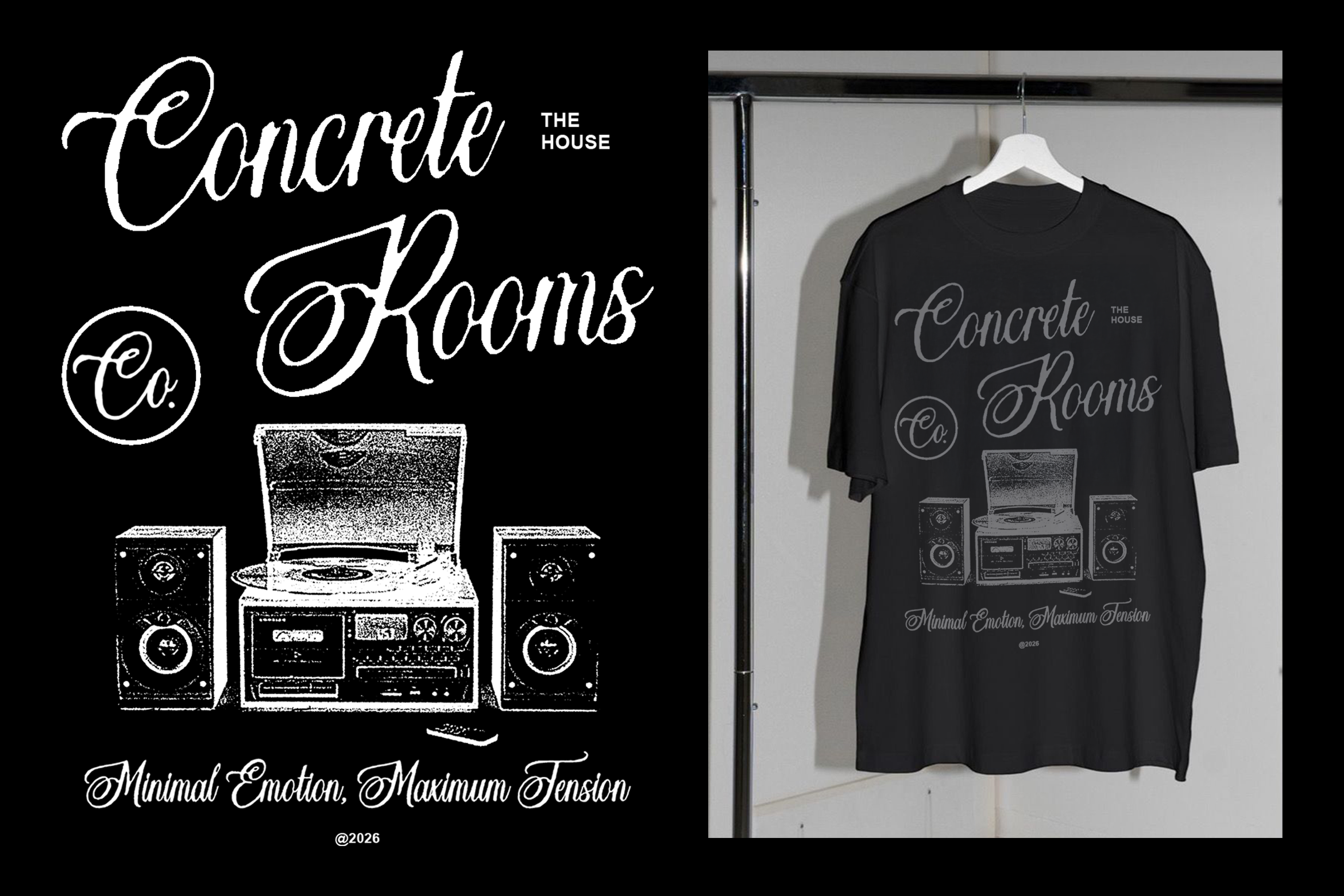 Black tee with Concrete Rooms Co logo sketch design shown flat on white hanger