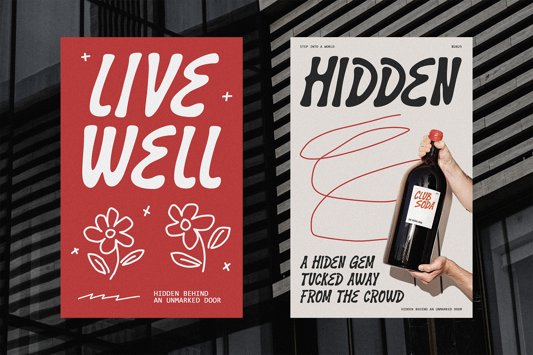 Two poster mockups side by side, red card with hand lettering, cream poster with wine bottle