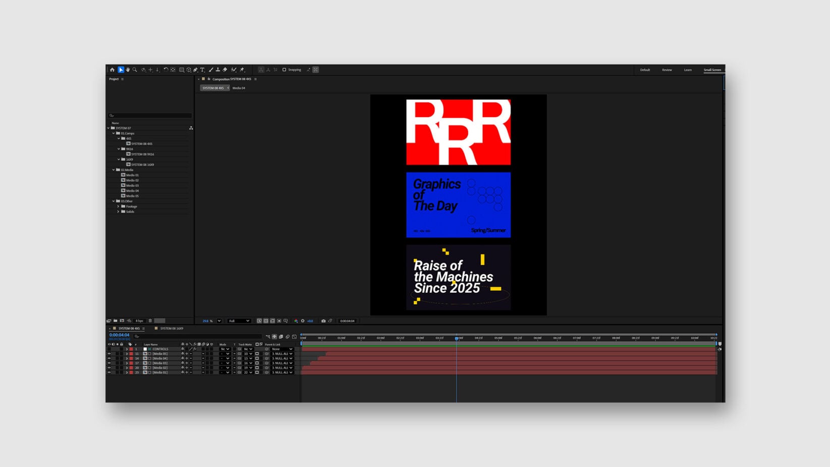 Motion graphics project open in After Effects with colorful title design composition