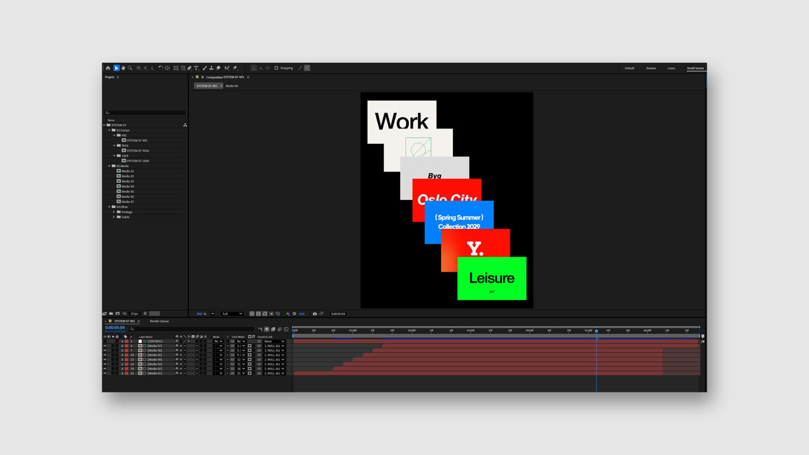 After Effects timeline with colorful stacked text layers Work Oslo City