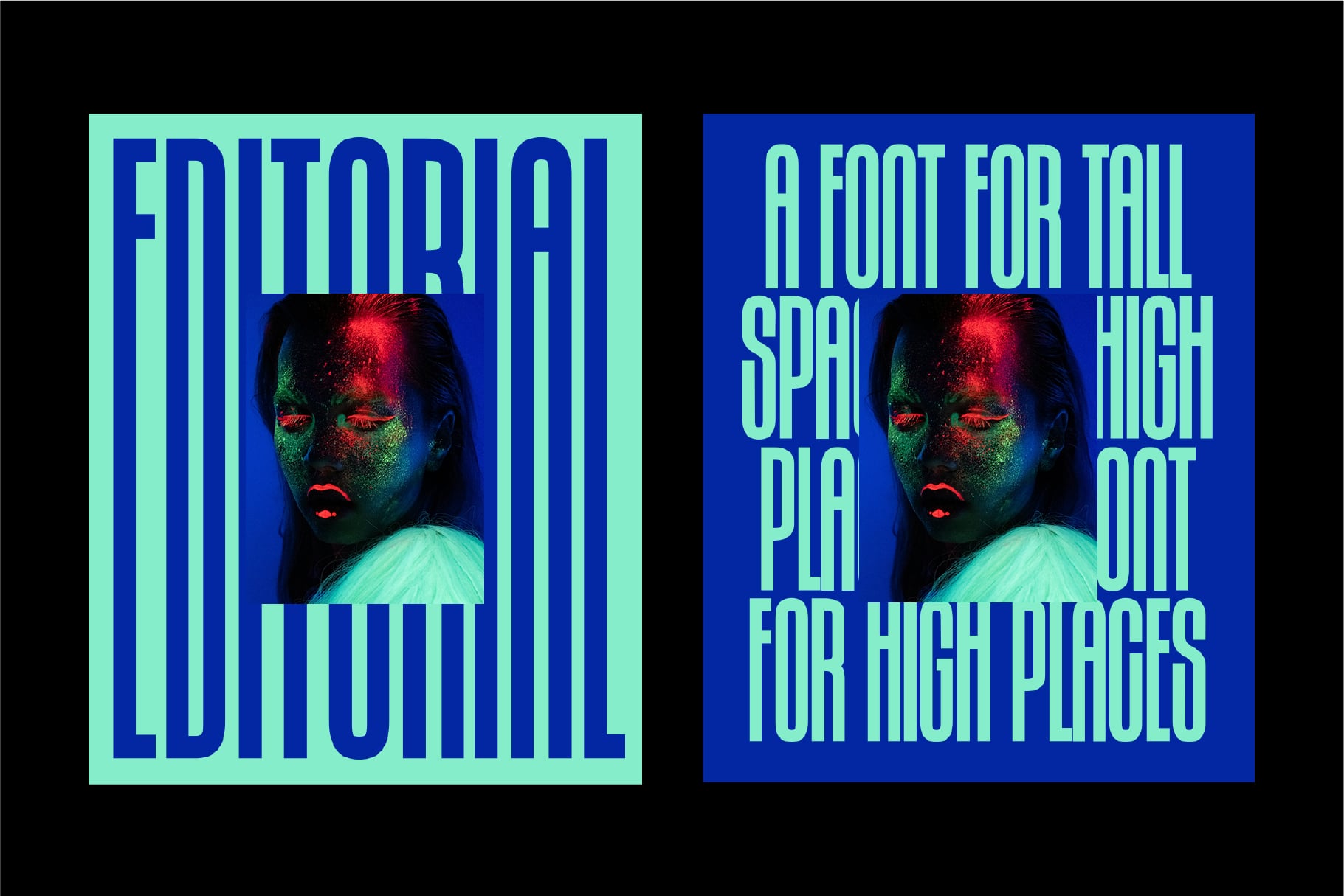 Two editorial posters with neon text overlays on glitchy portrait photos