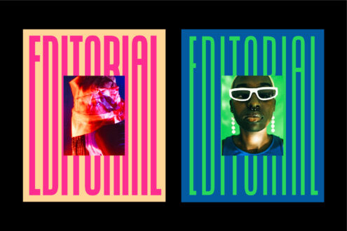 Two editorial covers with striped text frames around portraits, bold colors