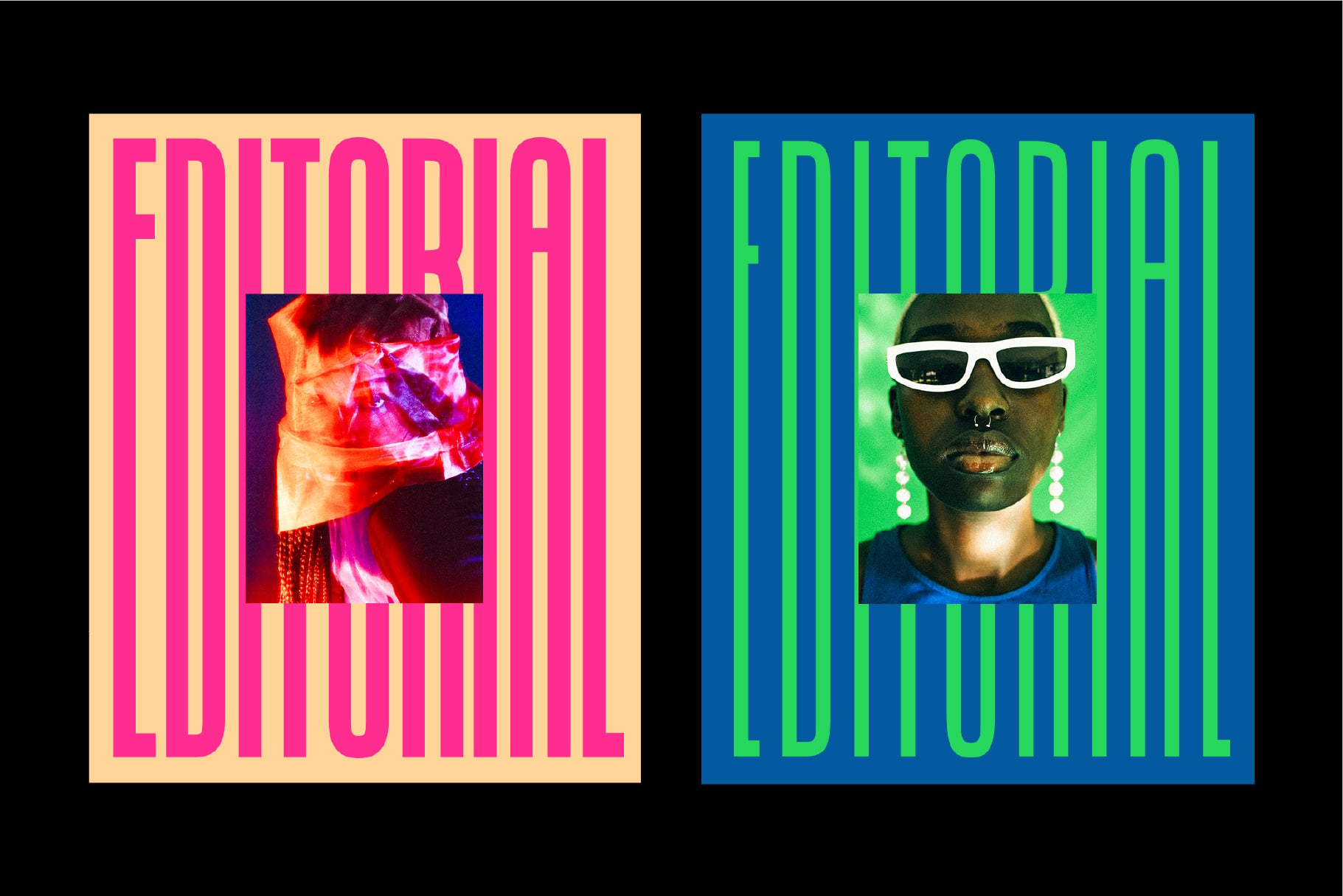 Two editorial covers with striped text frames around portraits, bold colors