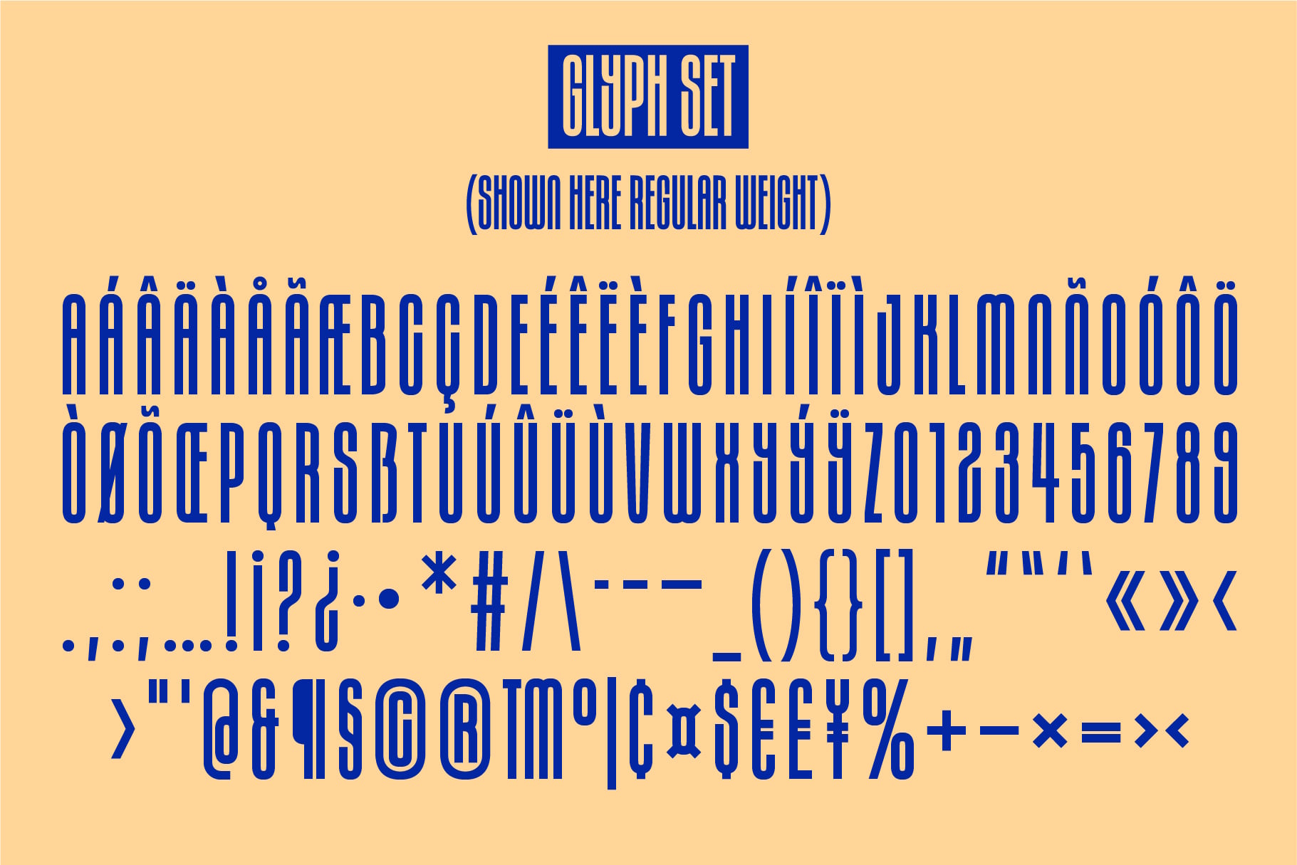 Glyph set sample showing blue striped typeface with accents on cream