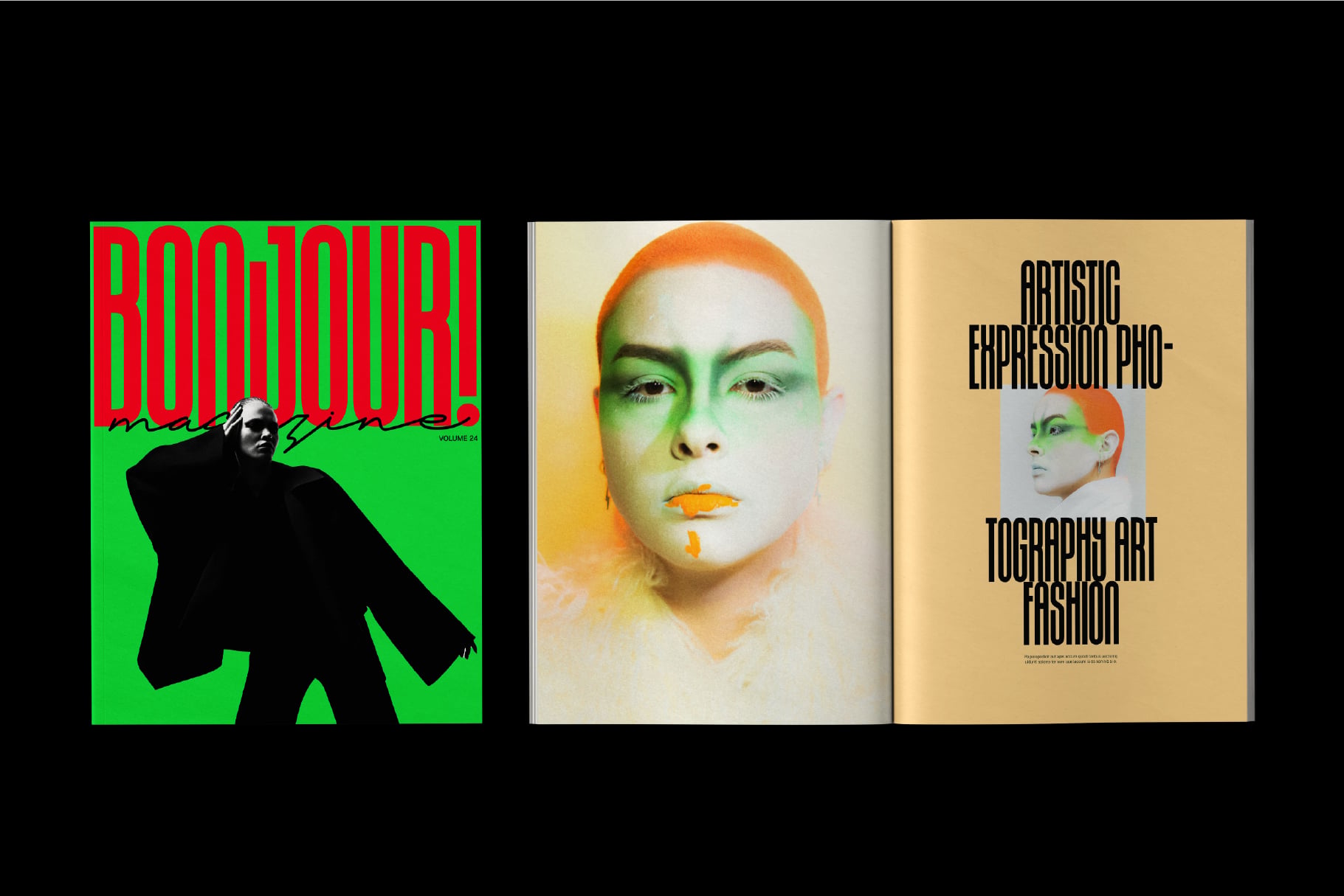 Magazine spread with green poster, soft-focus portrait, cream editorial layout