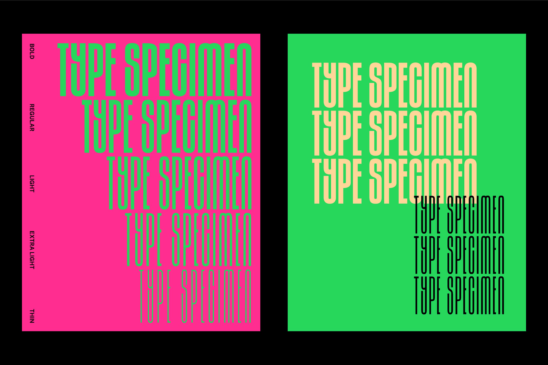 Two font weight samples in bright pink, green, yellow on black background