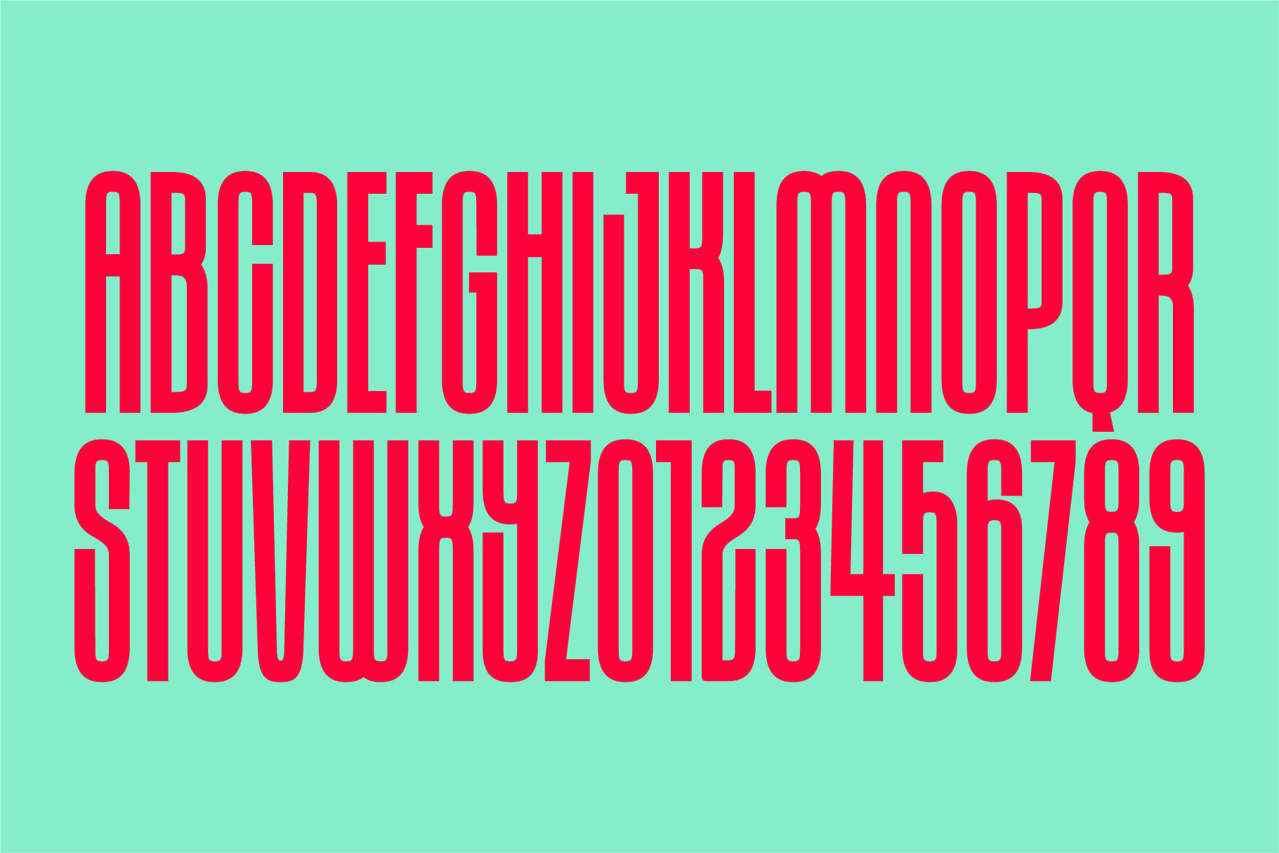 Bold red striped typeface on mint green background with random numbers