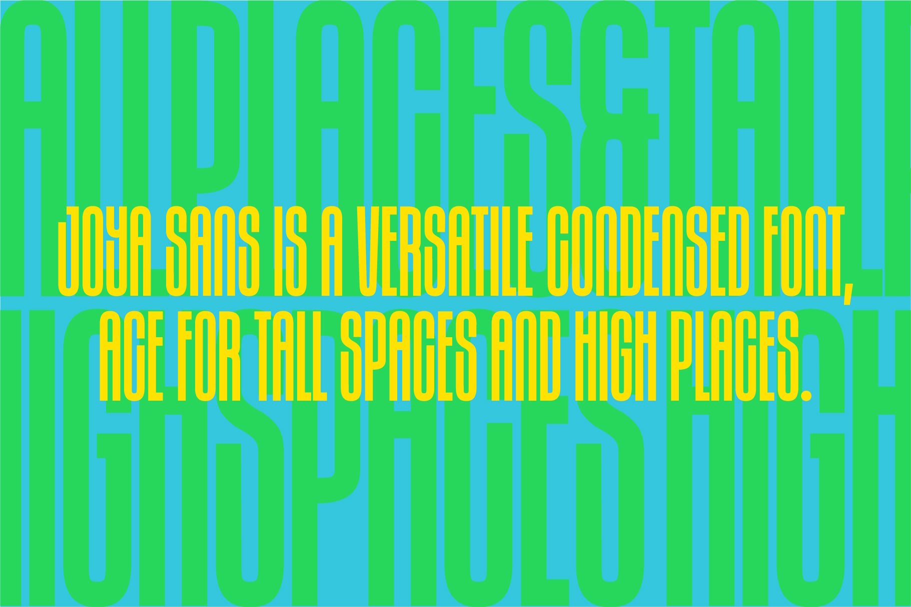 Jiocha Sans condensed font with yellow text on striped green blue background