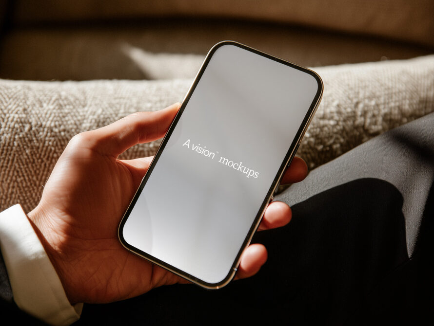 Hand holding phone with blank gray screen on beige fabric couch