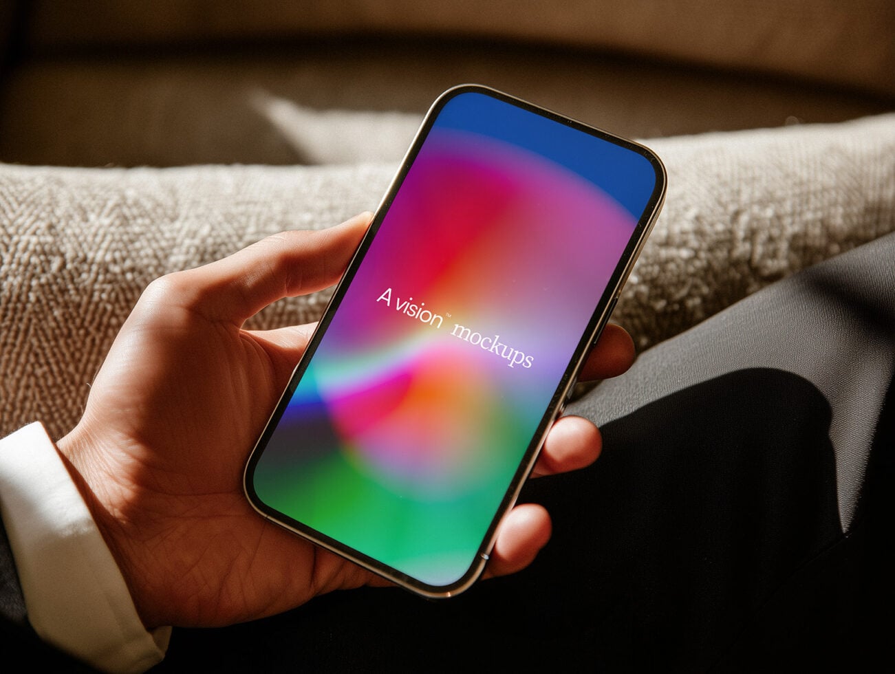 Hand holding phone with colorful gradient display on beige fabric couch