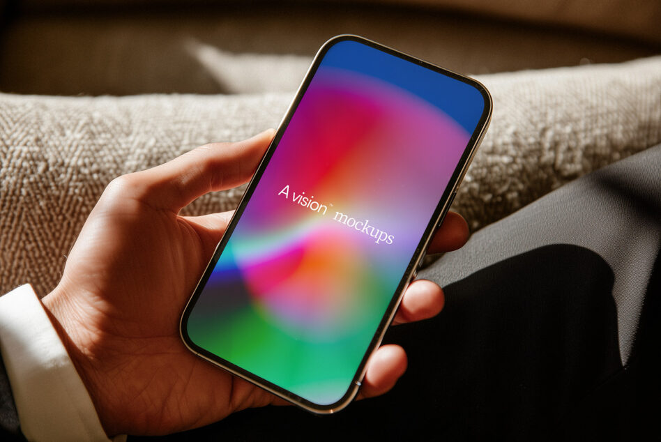 Hand holding phone with colorful gradient display on beige fabric couch