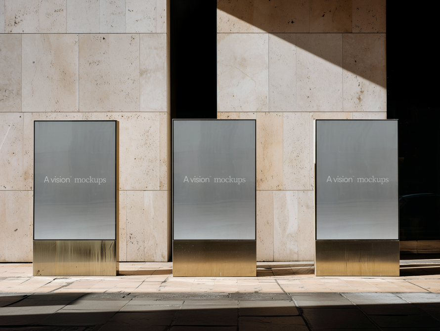 Three storefront lightbox displays with solid gray screen mockup template
