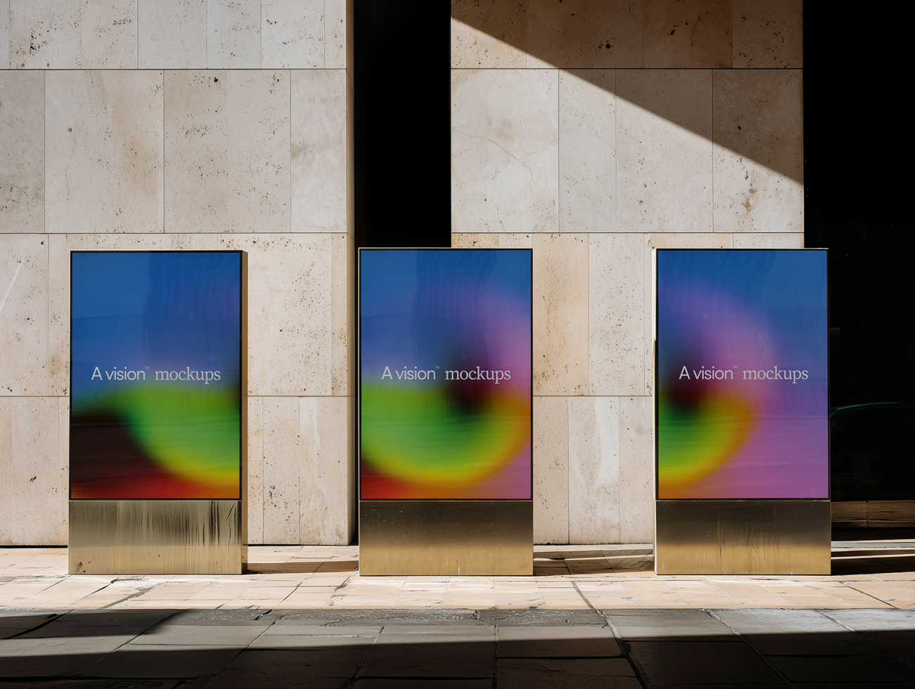 Three storefront lightbox displays with colorful gradient graphic mockups