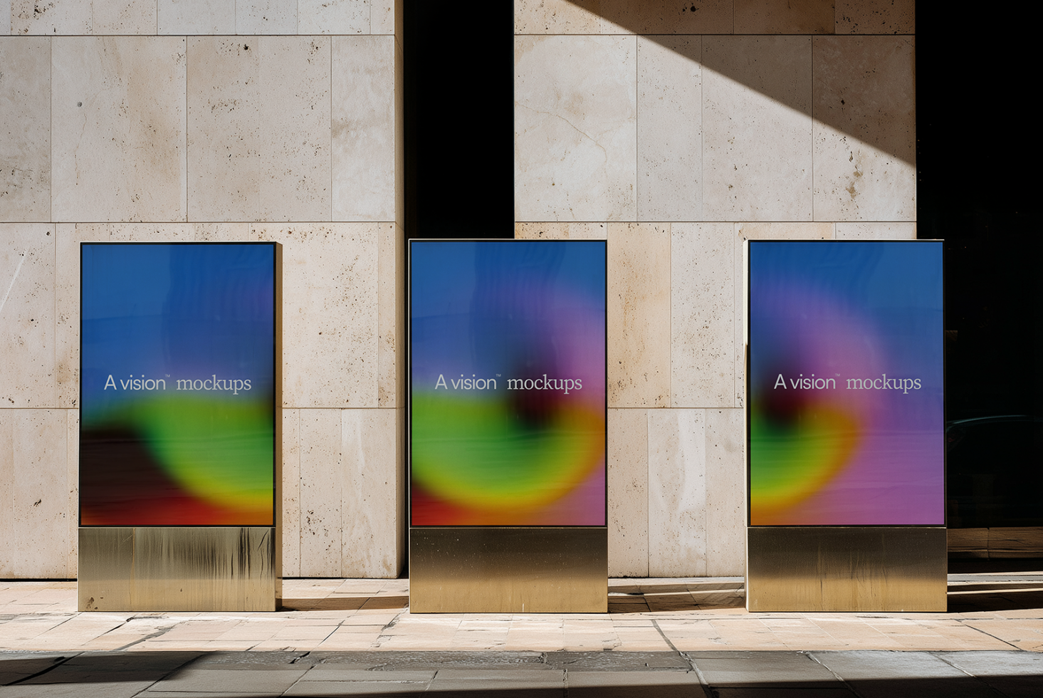 Three street-level retail window displays with vibrant gradient mockup