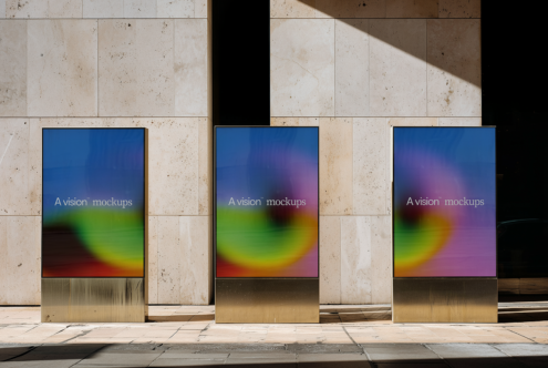 Three street-level retail window displays with vibrant gradient mockup