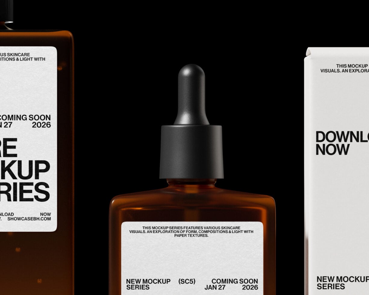Skincare mockup set with amber glass dropper bottle, silver tube, white box on black background