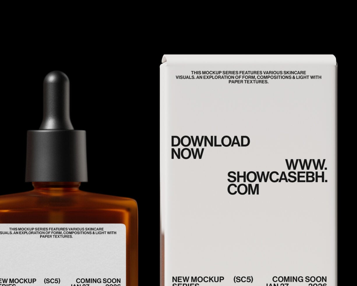 Close-up of amber dropper bottle next to white cosmetic packaging mockup
