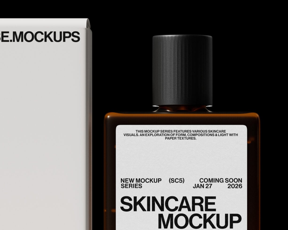 Dark amber glass skincare bottle with black cap next to white box mockup