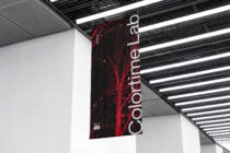 Vertical banner with red tree branch graphic on dark background hanging indoors