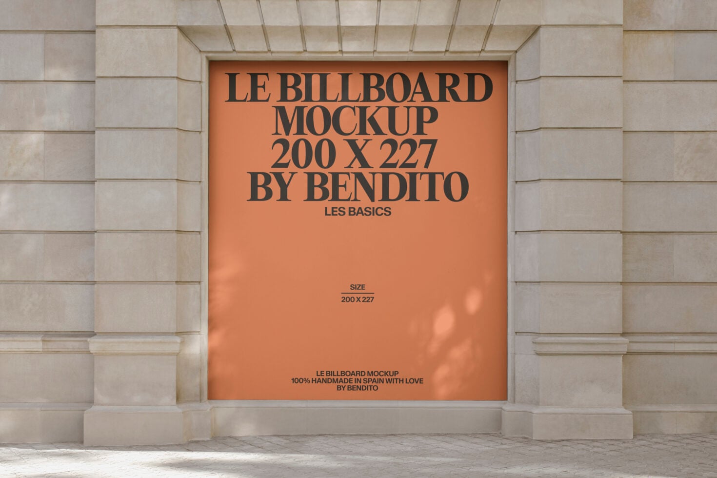 Orange billboard mockup on stone building facade, urban street scene