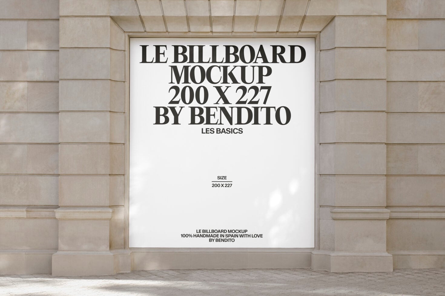 White billboard mockup framed in classical stone architecture, daylight shot