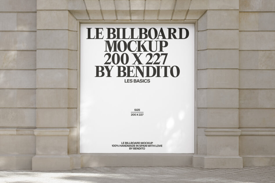White billboard mockup framed in classical stone architecture, daylight shot