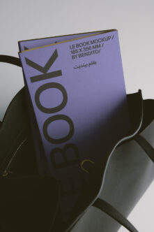 Periwinkle book cover nestled in black leather bag with gold clasp detail