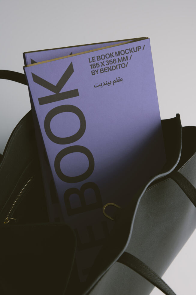 Periwinkle book cover nestled in black leather bag with gold clasp detail