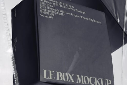 Dark navy box mockup with cream text showing product specs, shot at angle