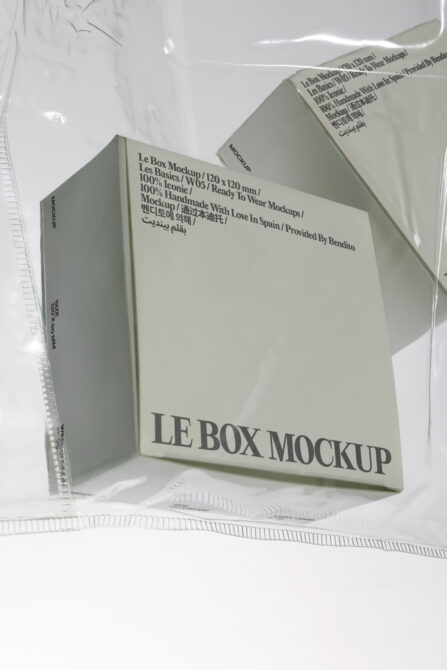 Light green box packaging mockup with dark text fully wrapped in protective cellophane