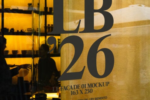 Facade signage mockup showing large black numerals 5, 3, 26 on golden wall with storefront silhouette