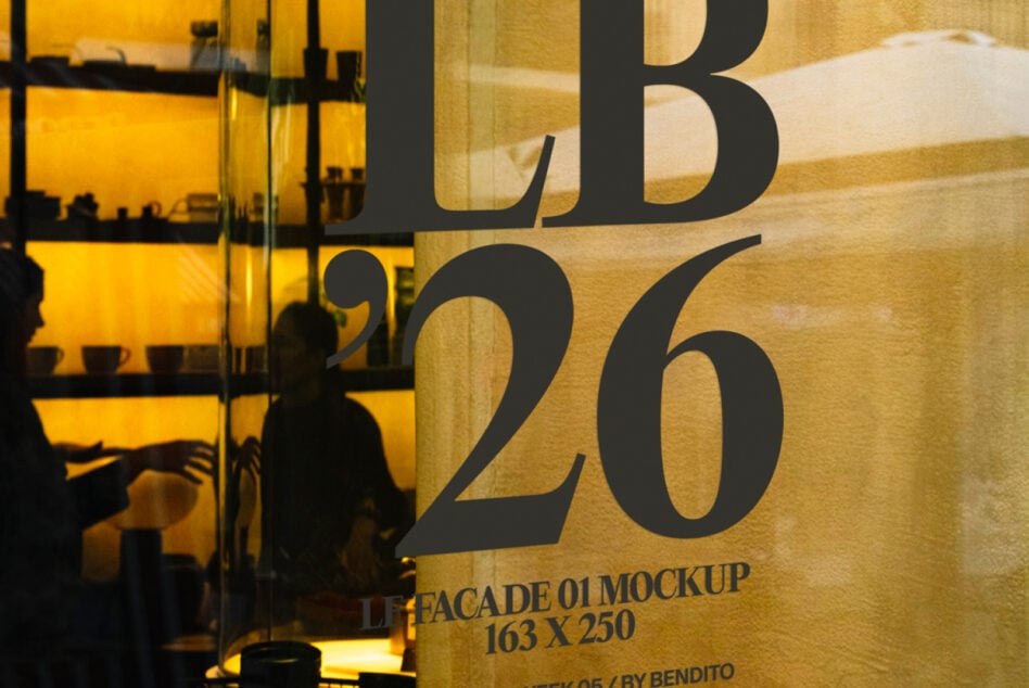 Facade signage mockup showing large black numerals 5, 3, 26 on golden wall with storefront silhouette