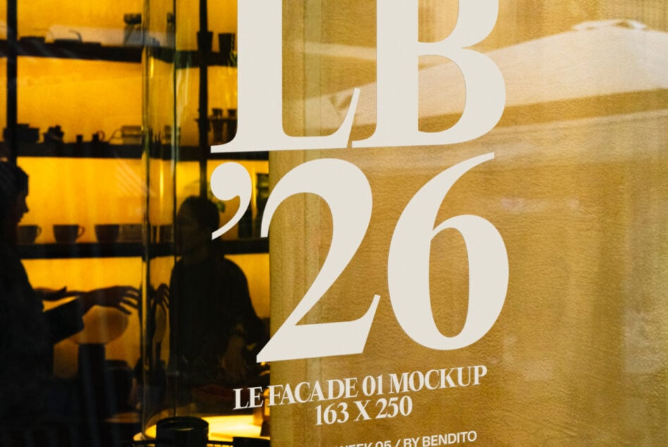 Facade signage mockup with white numerals 5, 3, 26 overlaid on textured golden surface with interior glow