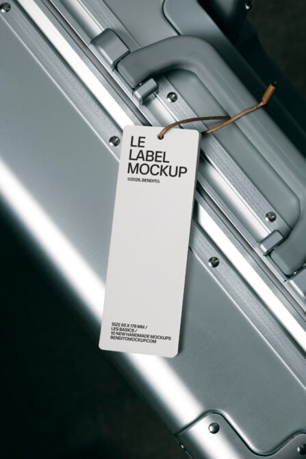 White hang tag label mockup attached to brushed aluminum luggage with rope detail