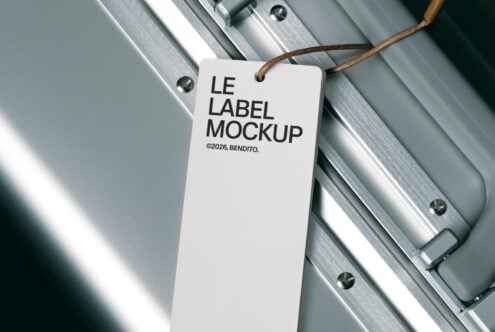 White hang tag label mockup with rope on brushed metal background