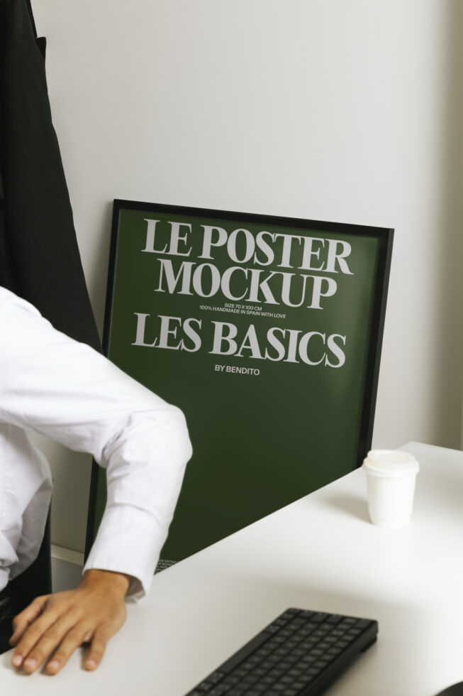 Le Poster Mockup in green frame showing Les Basics by Bendito design