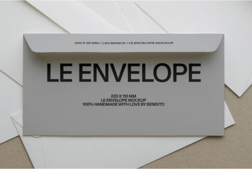 Gray envelope mockup with Le Envelope text, handmade branding by Bendito on beige background