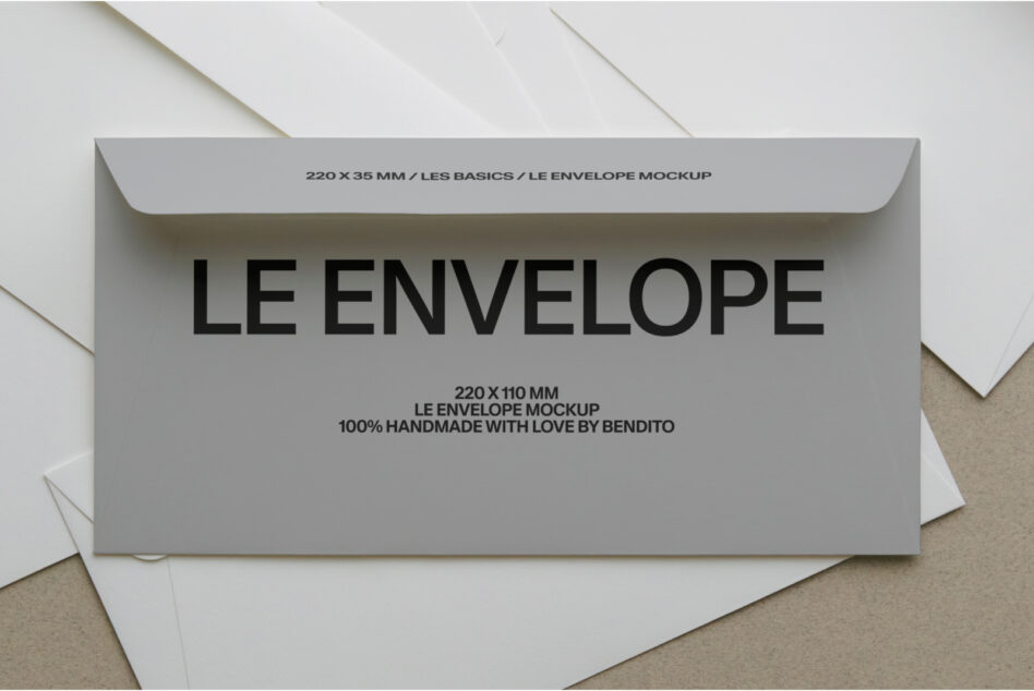 Gray envelope mockup with Le Envelope text, handmade branding by Bendito on beige background