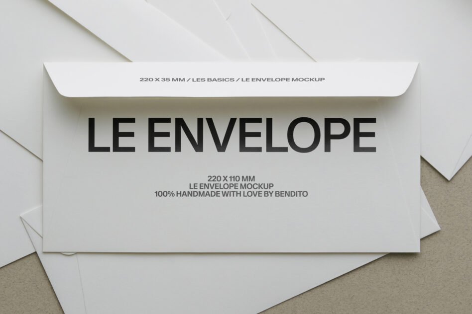 White envelope mockup with Le Envelope text, handmade branding by Bendito on beige background