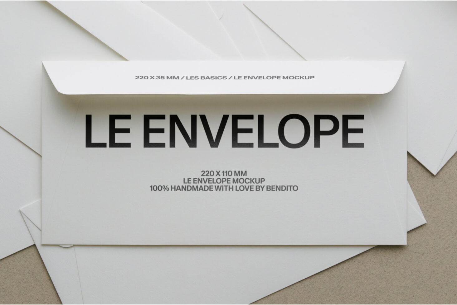 White envelope mockup with Le Envelope text, handmade branding by Bendito on beige background
