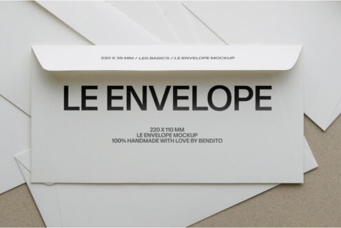 White envelope mockup with Le Envelope text, handmade branding by Bendito on beige background