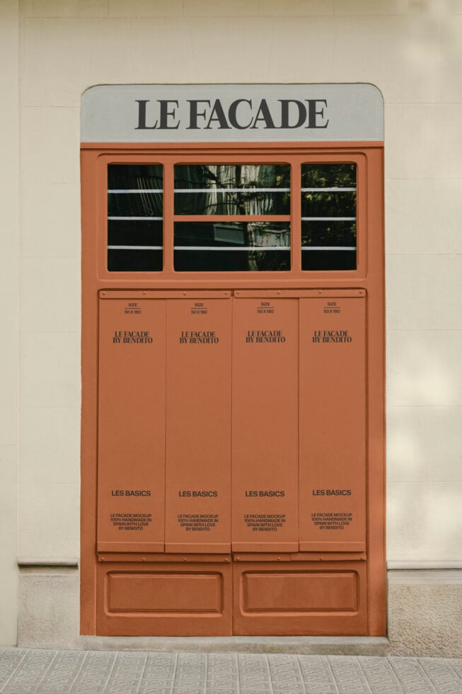 Warm terracotta storefront mockup with gridded windows displaying fashion brand signage