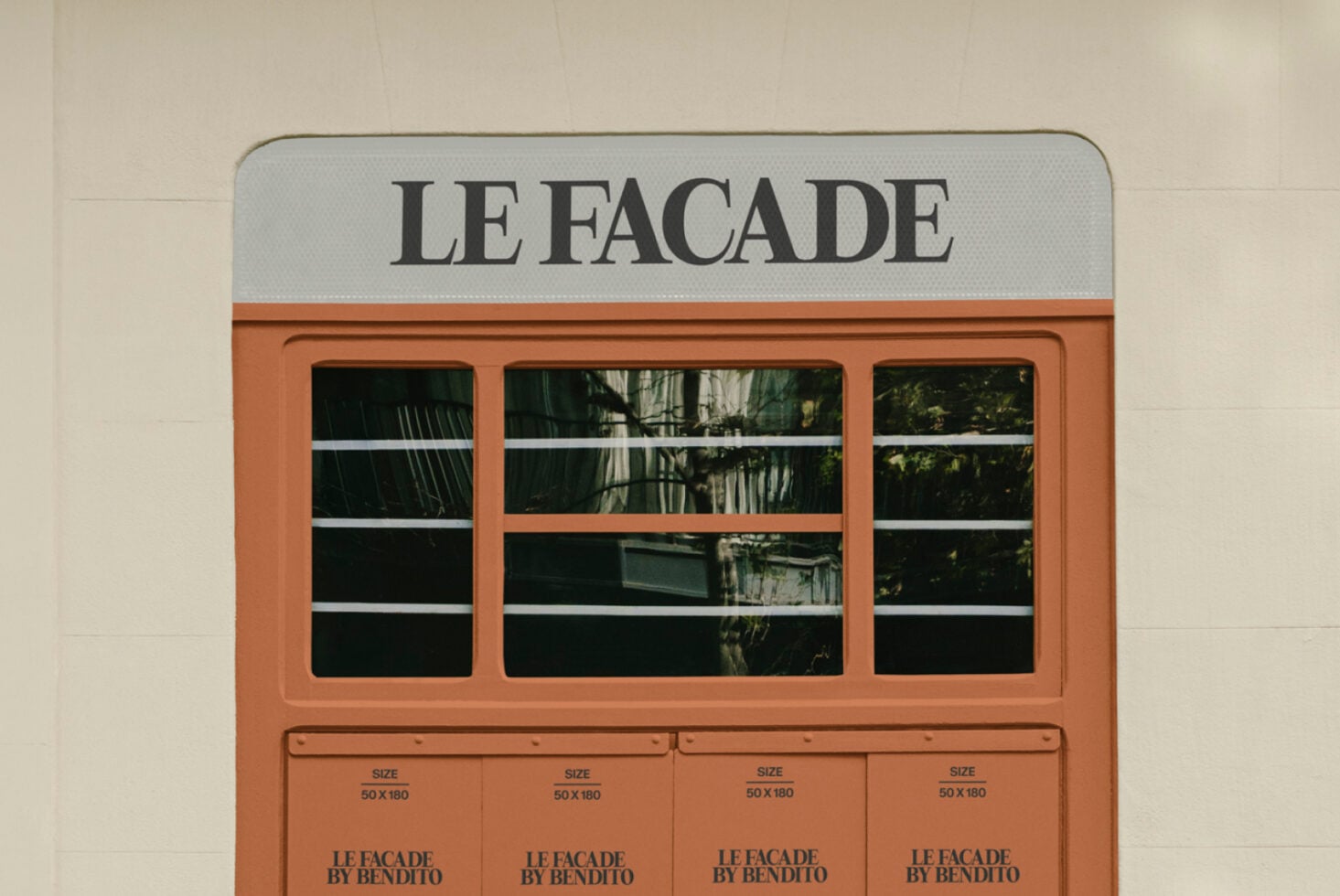 Terracotta storefront mockup with Le Facade branding, three display windows with product sizing