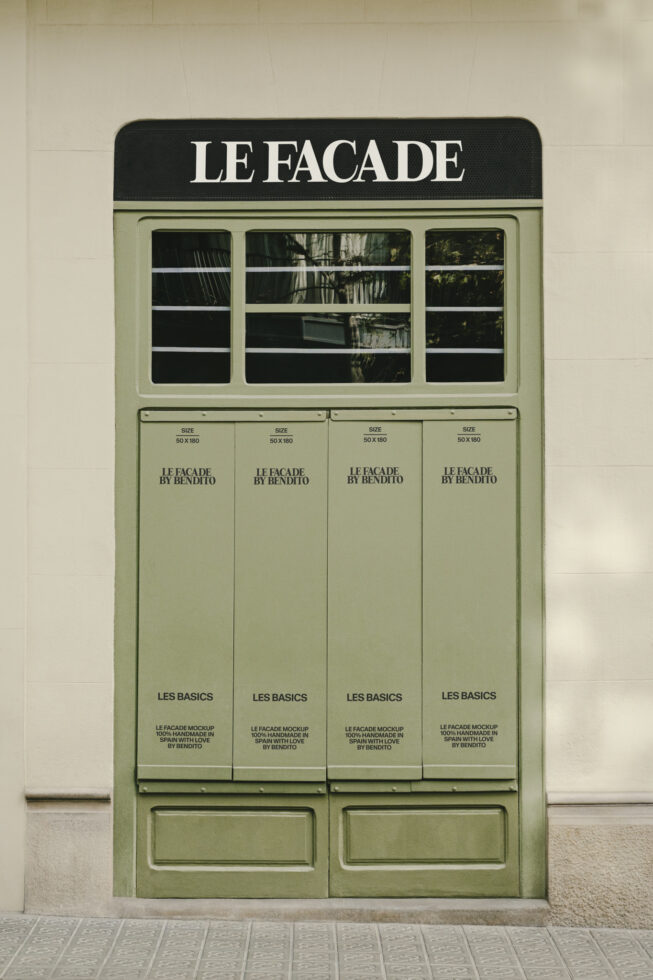 Soft sage green storefront mockup with dark header featuring classic retail window display setup