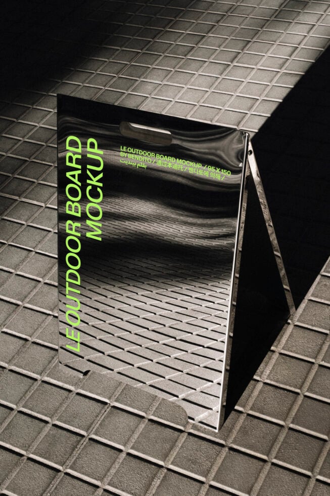 Bent outdoor billboard mockup on concrete floor with lime text in sunlight
