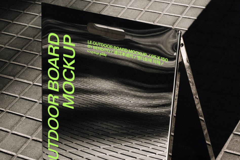 Bent outdoor billboard mockup on concrete floor with lime green text close up