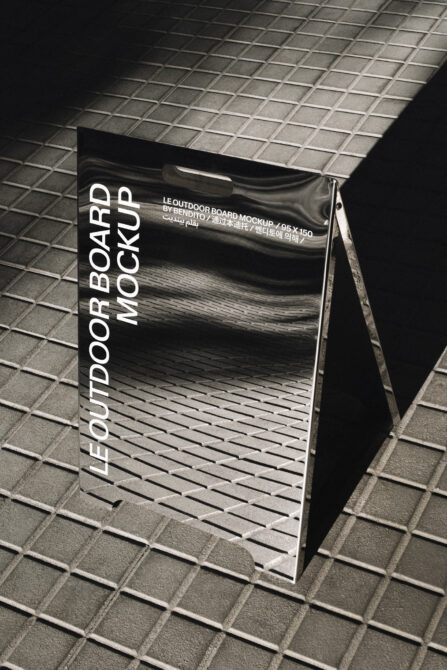 Bent outdoor billboard mockup on concrete floor with white text in shadow