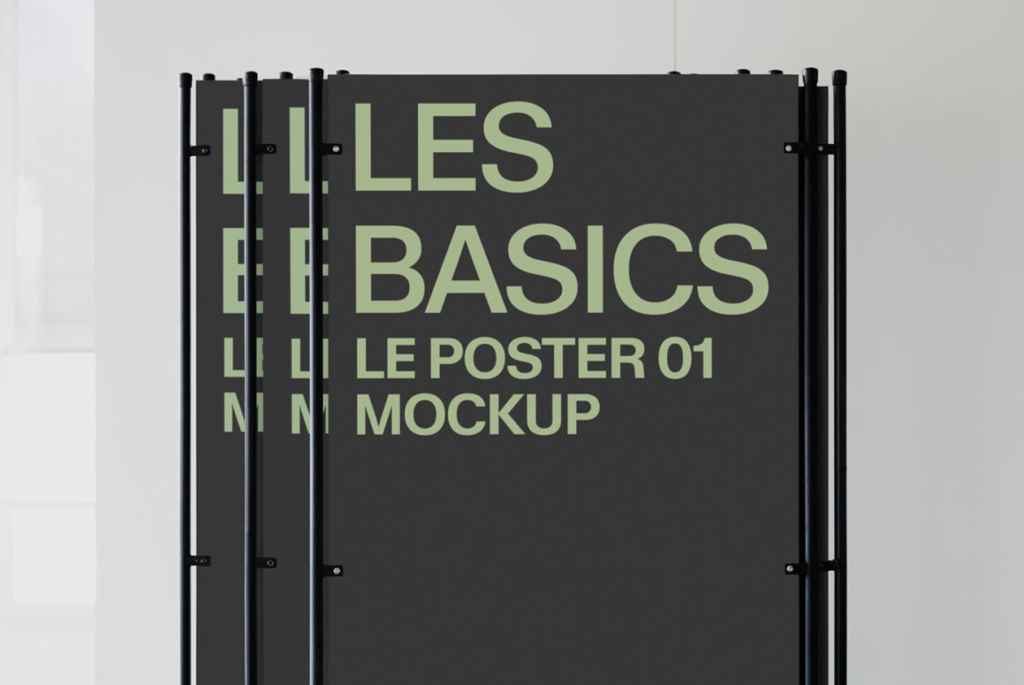 Stacked dark posters with lime green text reading Les Basics Le Poster 01 Mockup