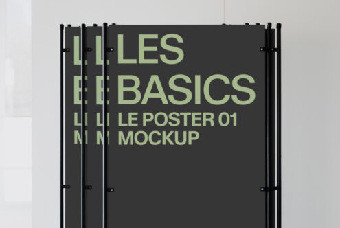 Stacked dark posters with lime green text reading Les Basics Le Poster 01 Mockup